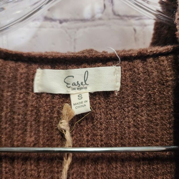 Easel Cardigan Womens Small To Lg Brown Open Front Hooded Fringe Hem Oversized - Picture 3 of 11